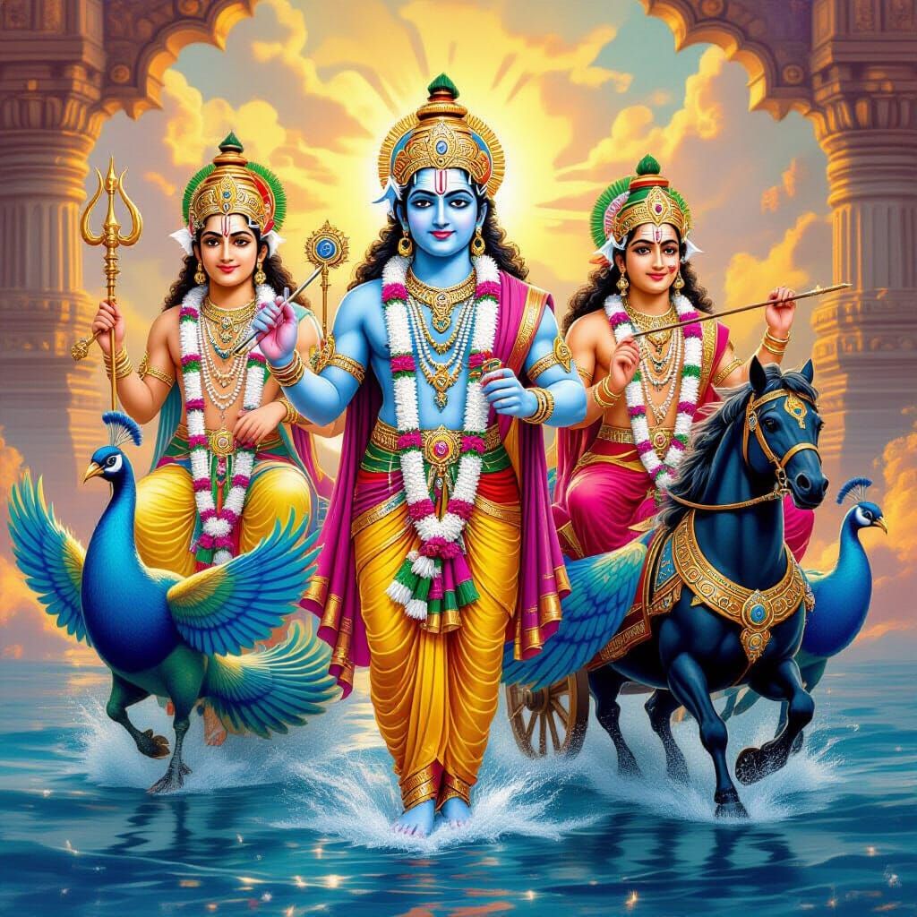 Vishnu, Rama, Krishna as Indian Royalty on Epic Mounts