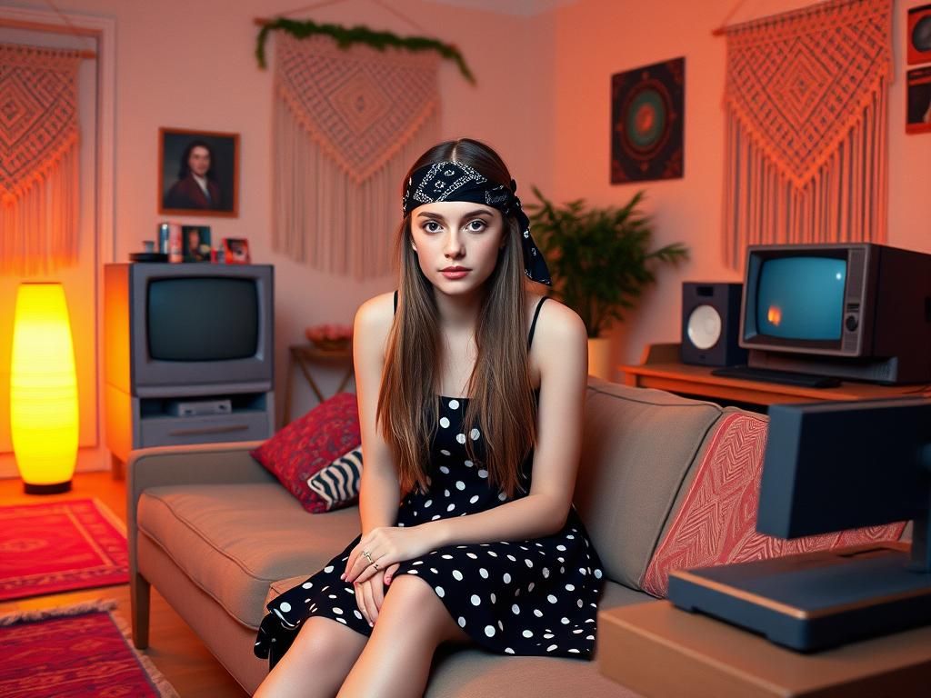 90s Woman in Polka Dots with Retro Interior