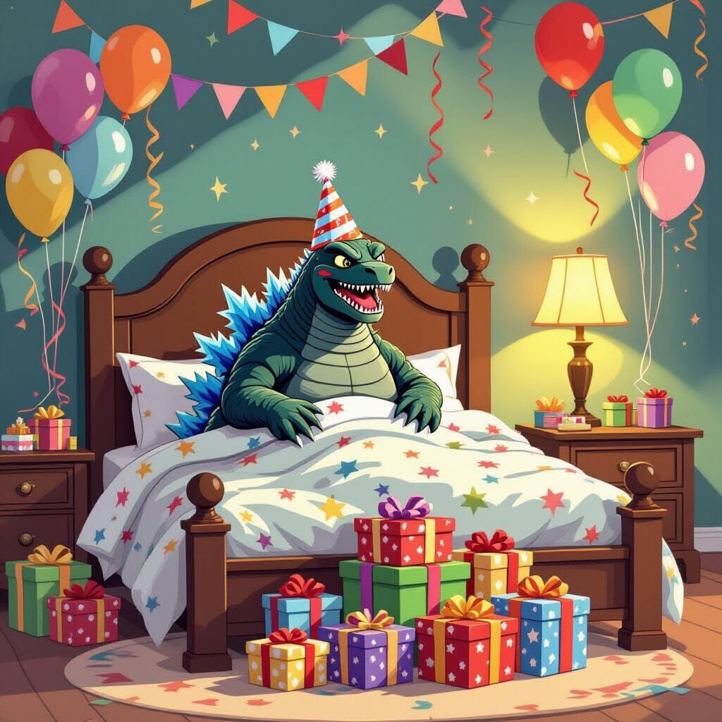 Godzilla Celebrates Birthday in Whimsical Storybook Style
