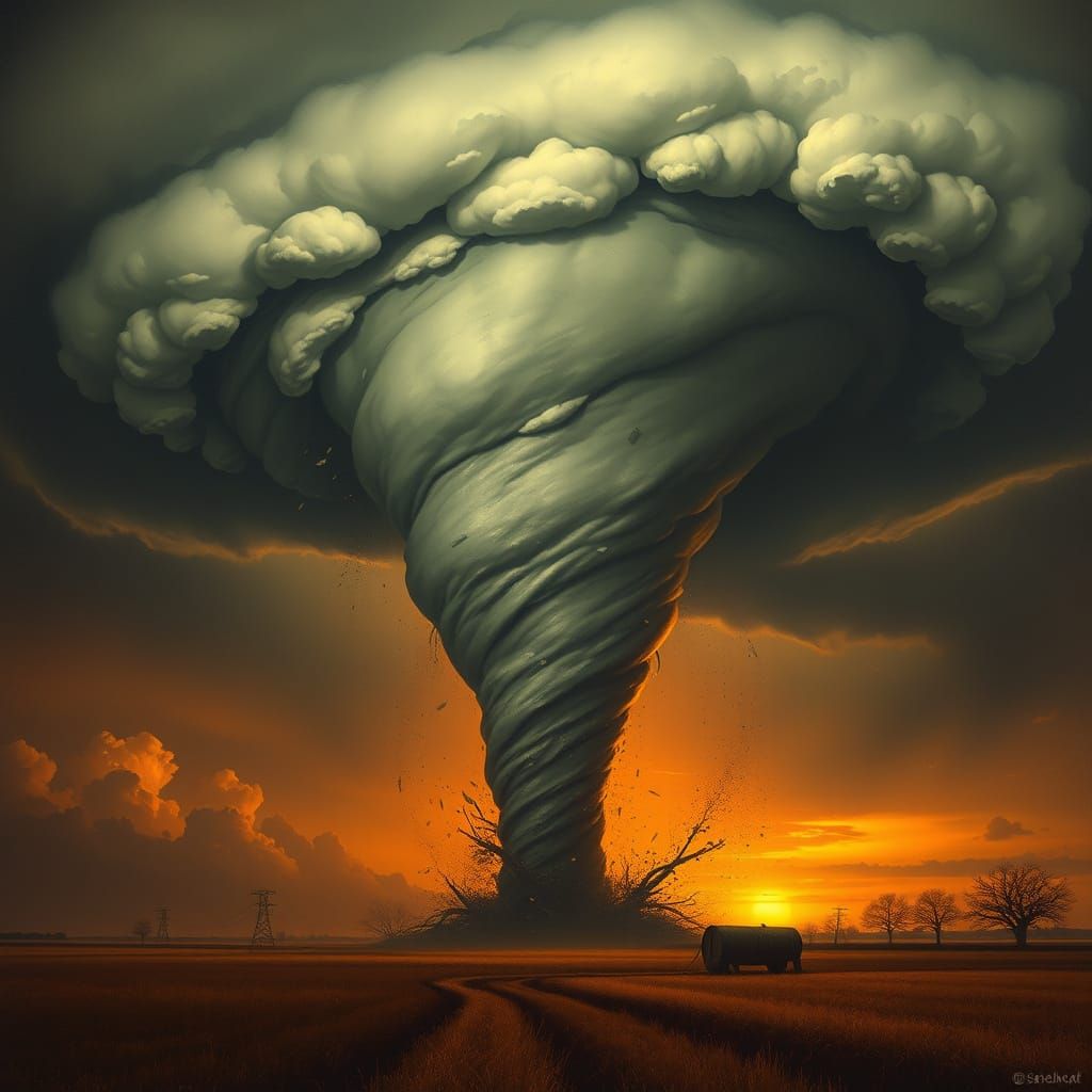 Dramatic Tornado Descends on Golden Rural Landscape