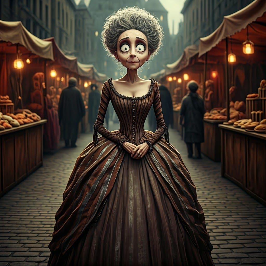 Ethereal Lady in Whimsical Market Scene