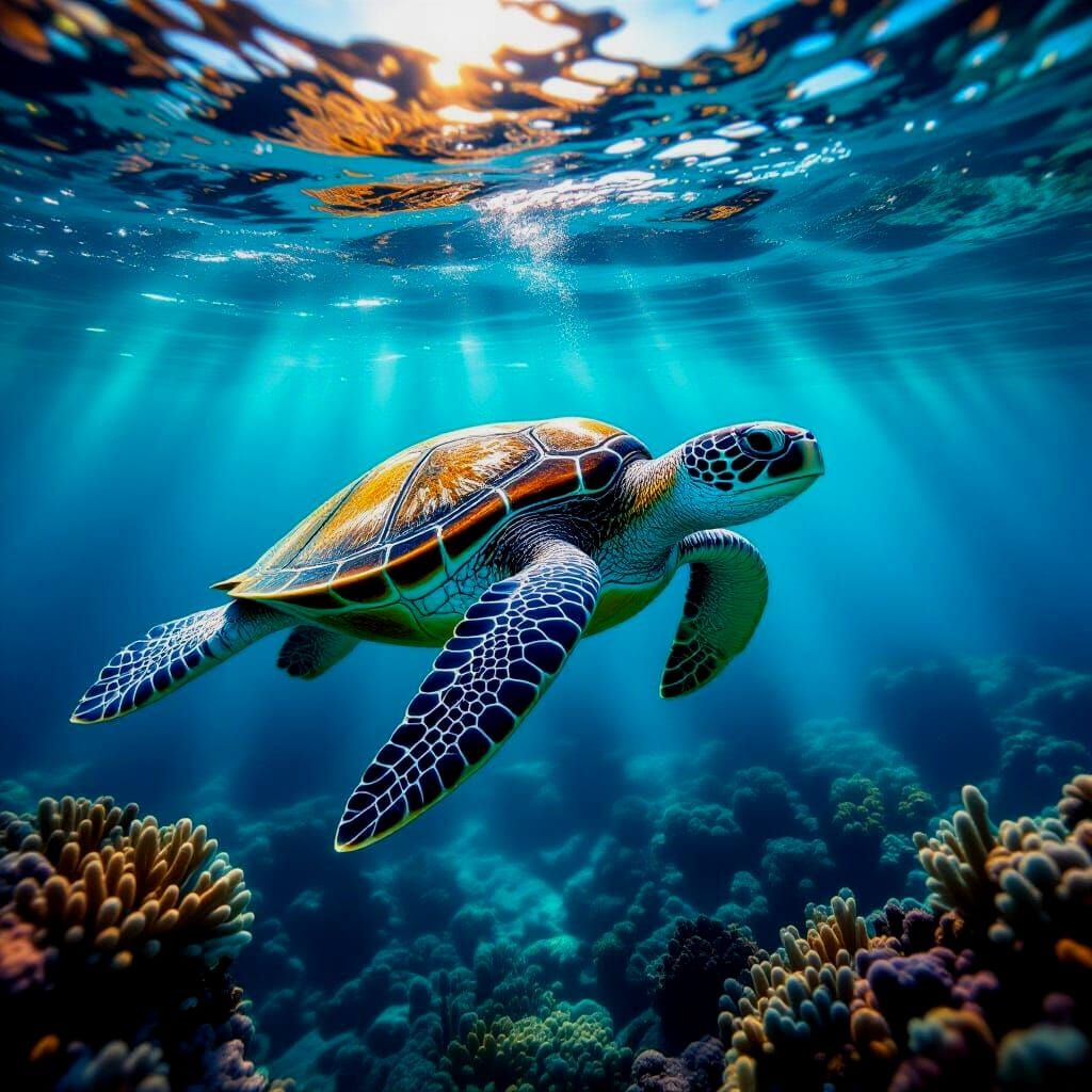 Sea Turtle Swimming Through Coral Reef in 8K