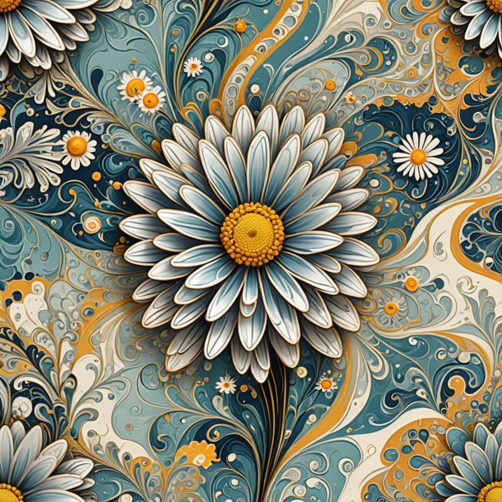 Ottoman Miniature Daisy on Marbled Ebru Art
