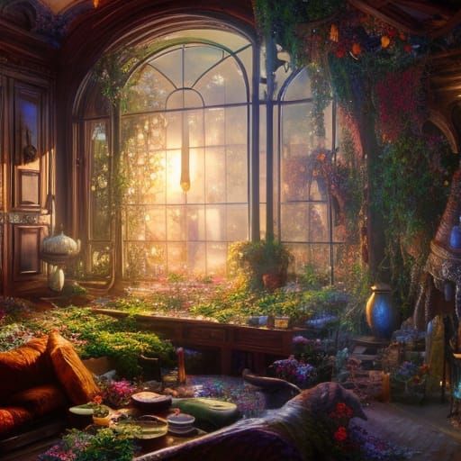 Cozy Cottage Kitchen with Fireplace, Digital Art