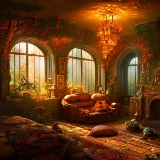 Cozy Cottage Kitchen with Fireplace, Digital Art