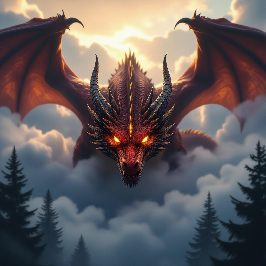 Majestic Red and Gold Dragon Emerges from Clouds