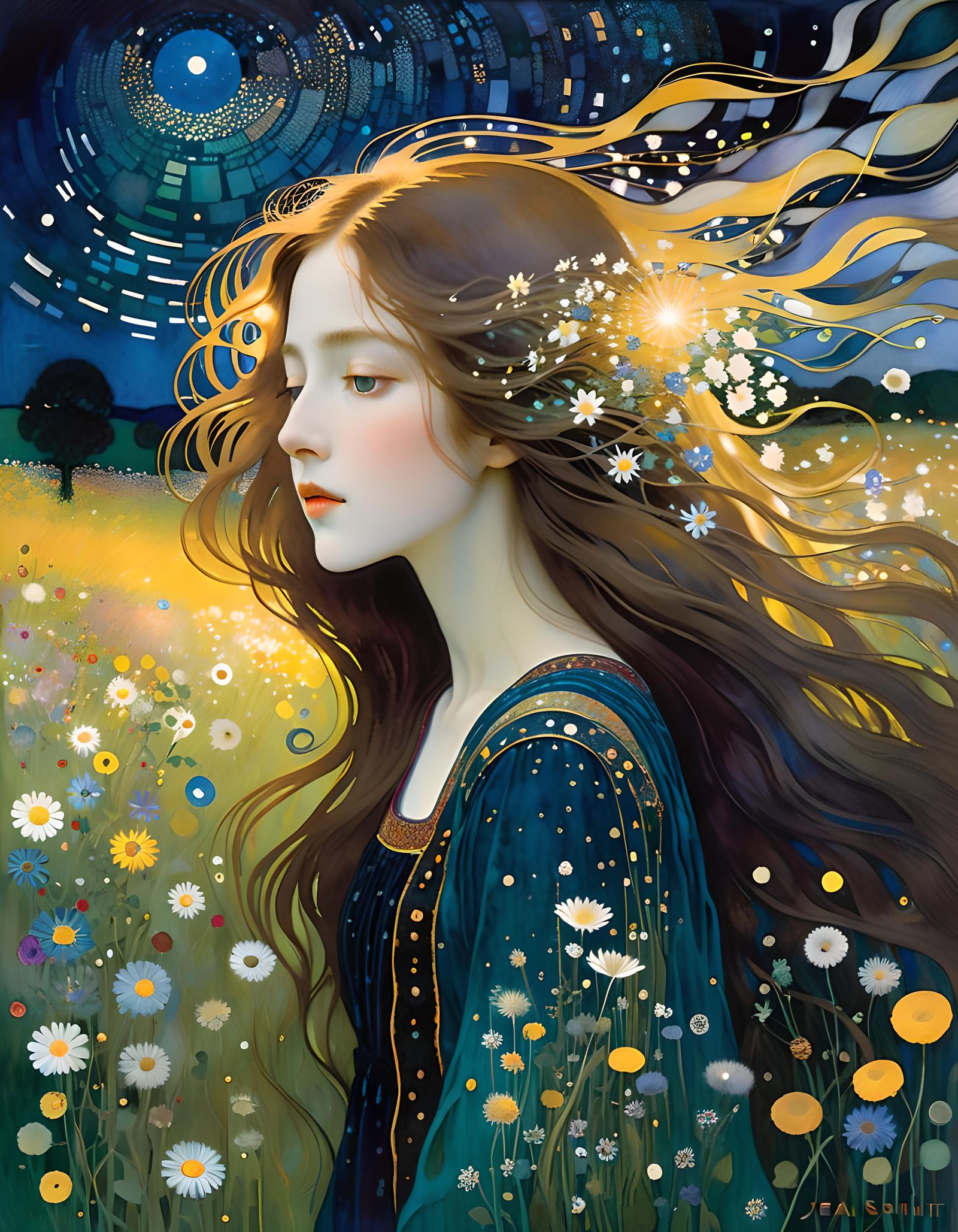 Woman in Starry Meadow, Klimt-Inspired Portrait