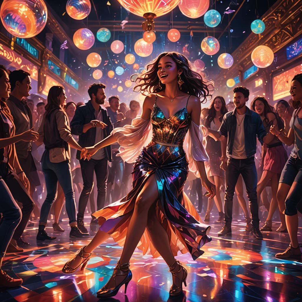 Vibrant Fantasy Art of Woman Dancing in Neon Lights