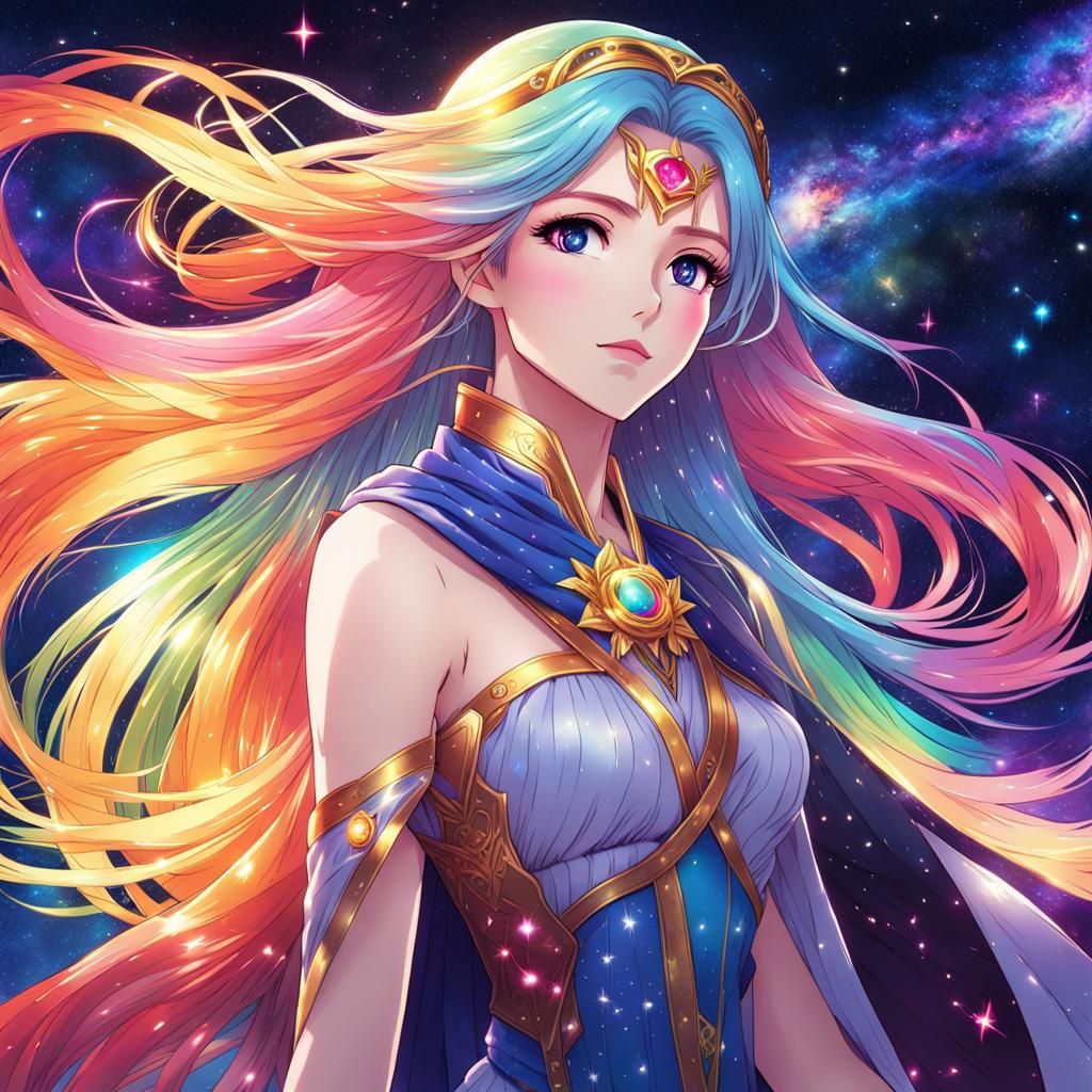 Rainbow-Haired Galaxy Goddess in Anime Style