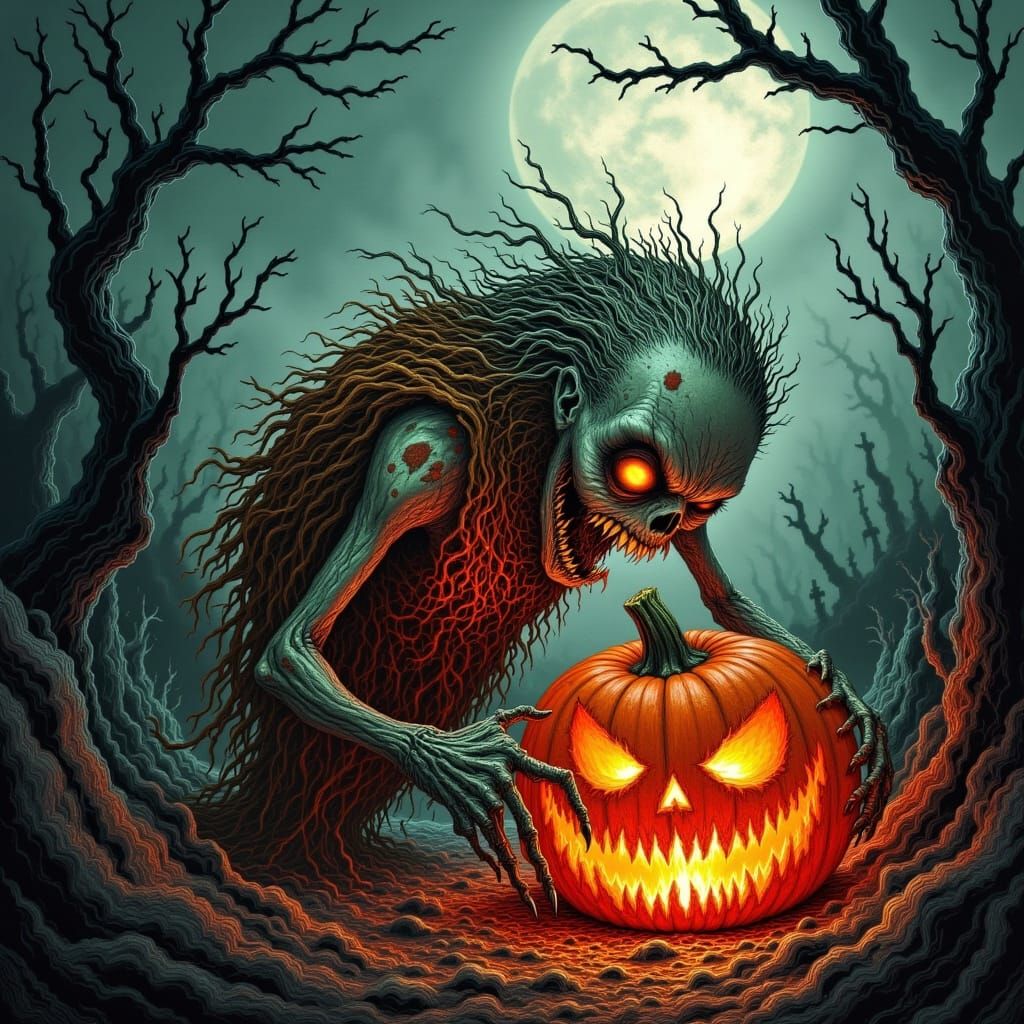 Grotesque Zombie Minion Eats Halloween Pumpkin in Graveyard