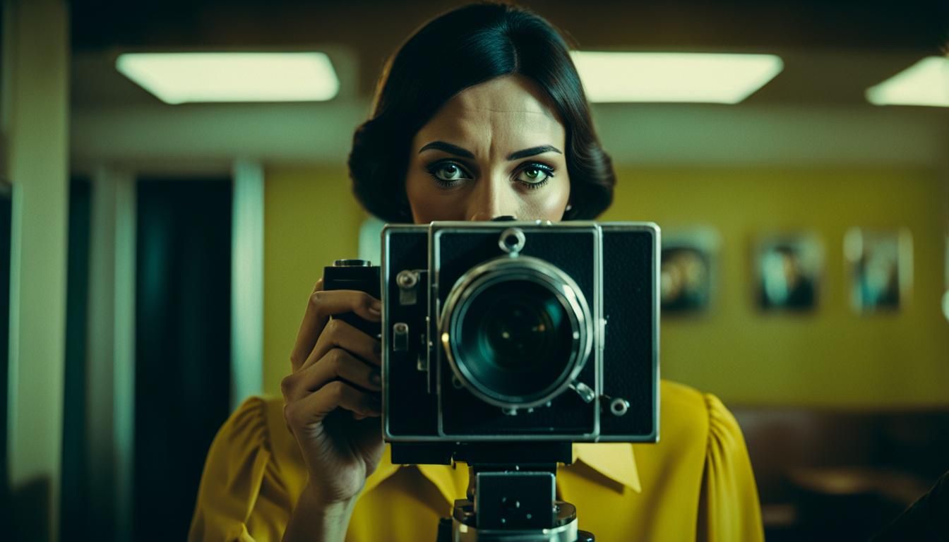 1970s Film Still of Woman with Super 8 Camera