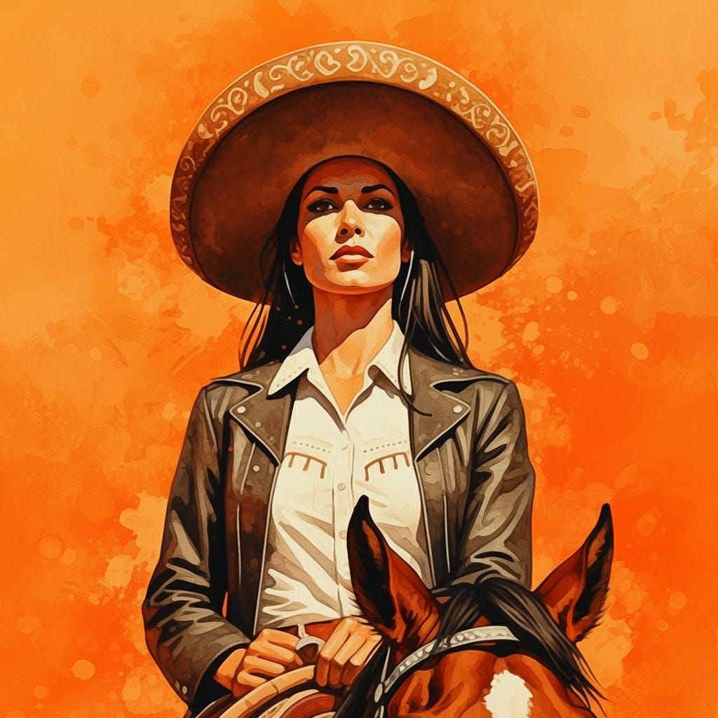 Vibrant Retro Woman Rides Horse Against Sunset