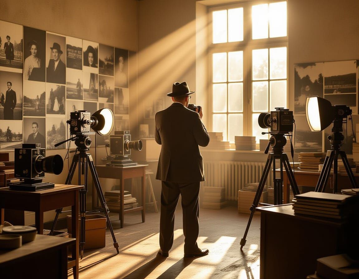Vintage Photographer in Sunlit Studio: Cinematic Film Still