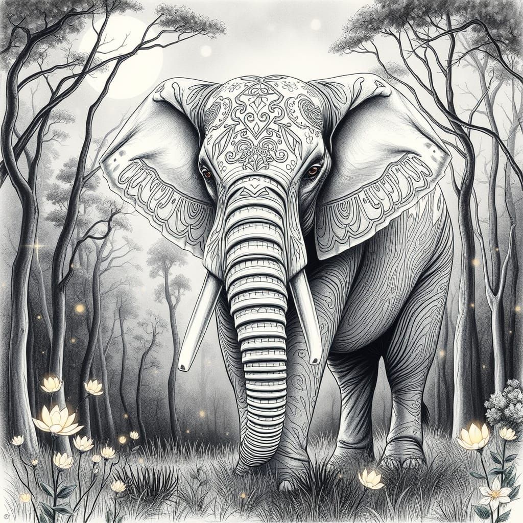 Moonlit Elephant in Forest: Detailed Pencil Sketch