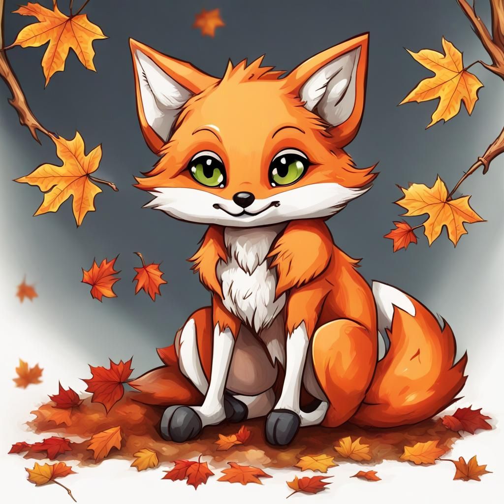 Chibi Fox in Autumn Forest, Steampunk Fantasy Art