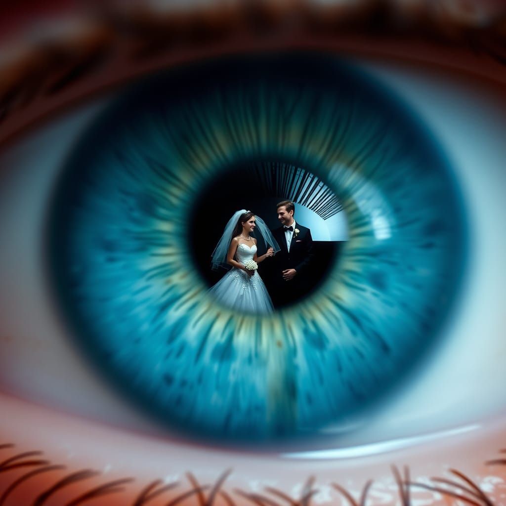 Macro Eyeball Reflects Bride and Groom, in Hyperrealism