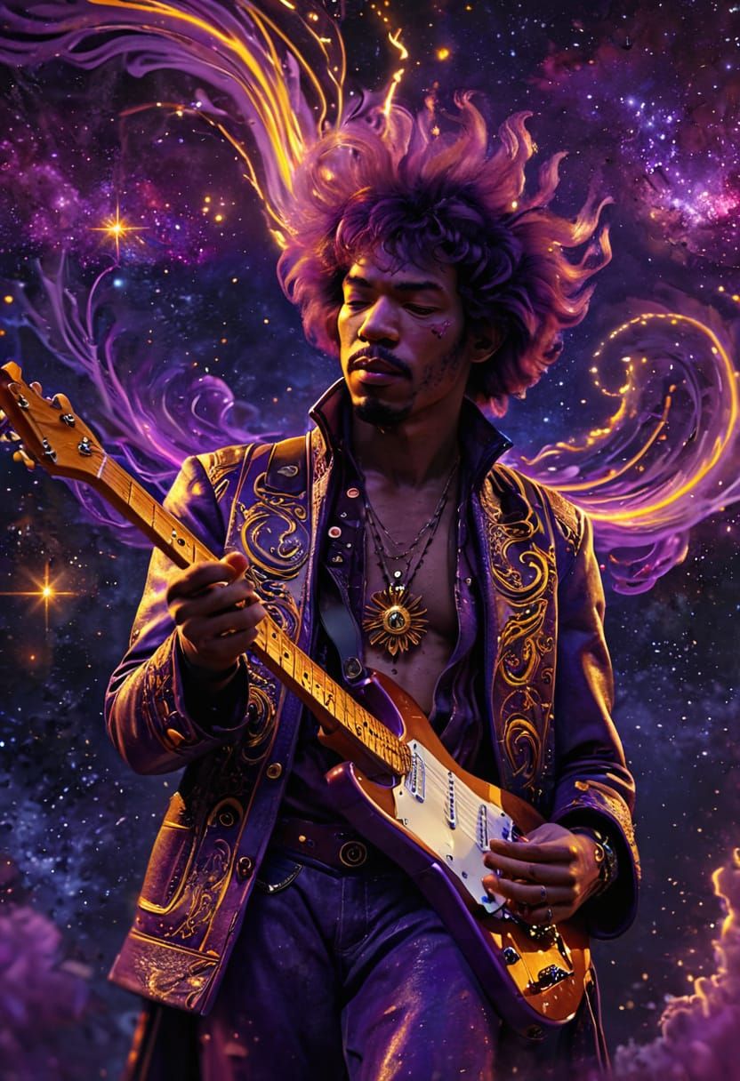 Ethereal Jimi Hendrix in Vibrant, Starry Night Sky
