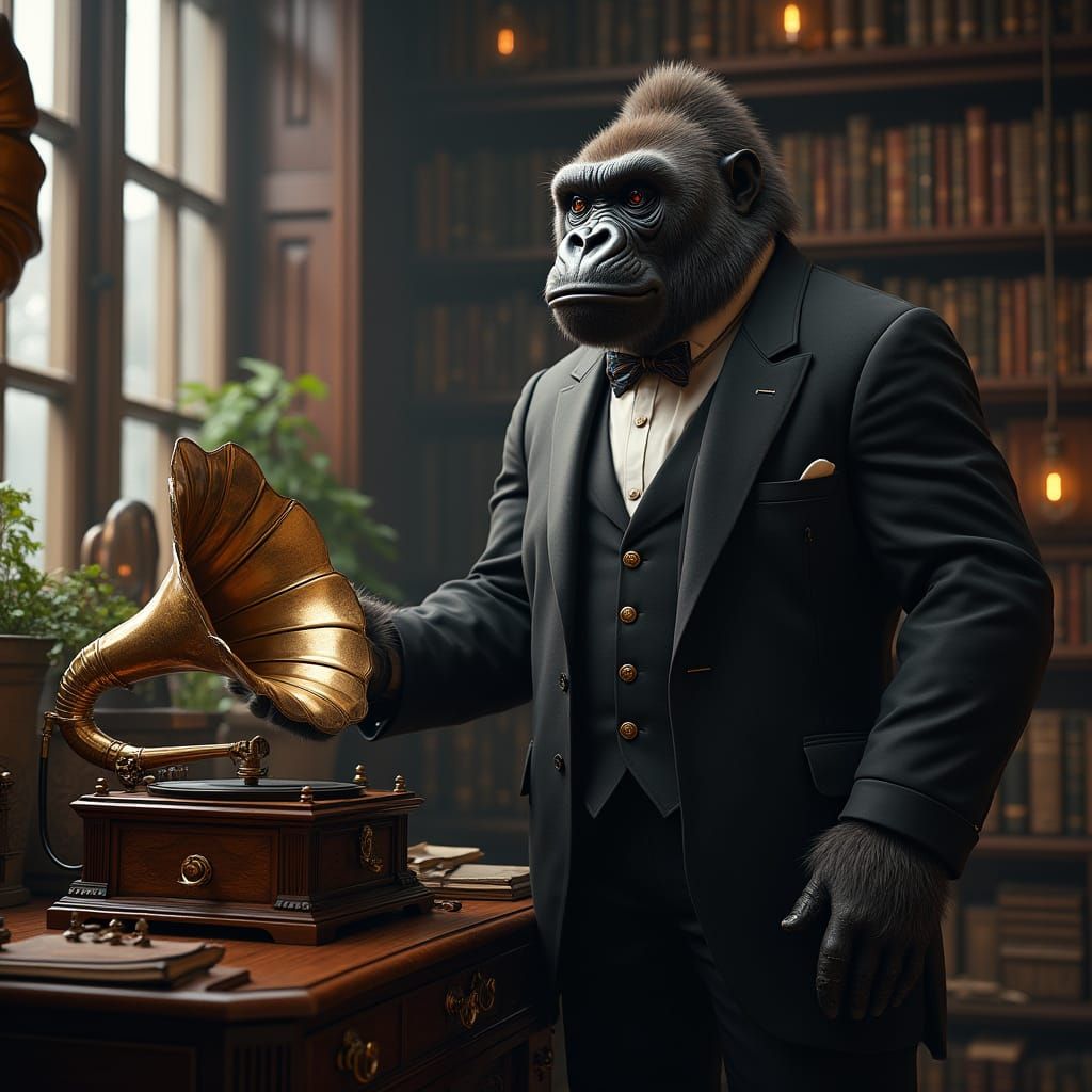 Elegant Gorilla in a Steampunk Study
