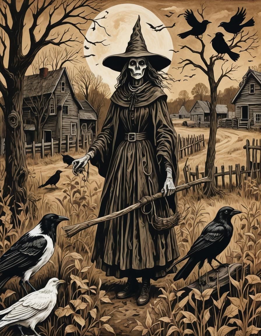 Creepy New England Witch Scene in Folk Art Style