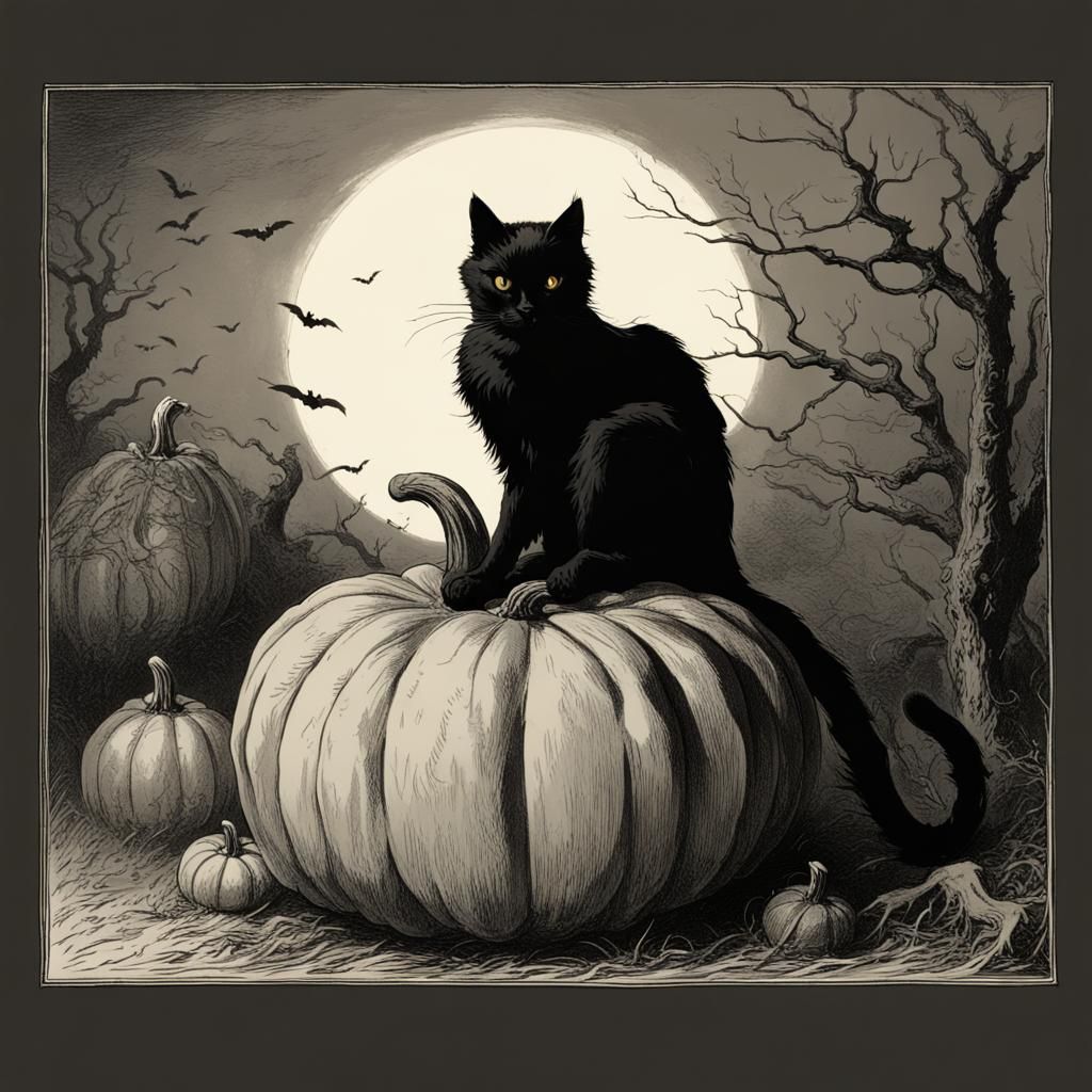 Black Cat and Pumpkin, Horror Illustration
