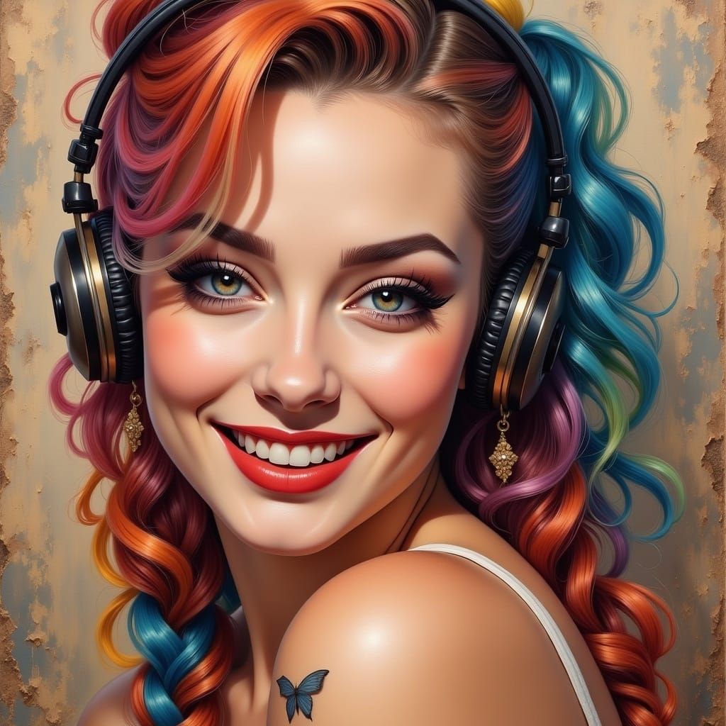 Rainbow Braided Woman Listening to Music