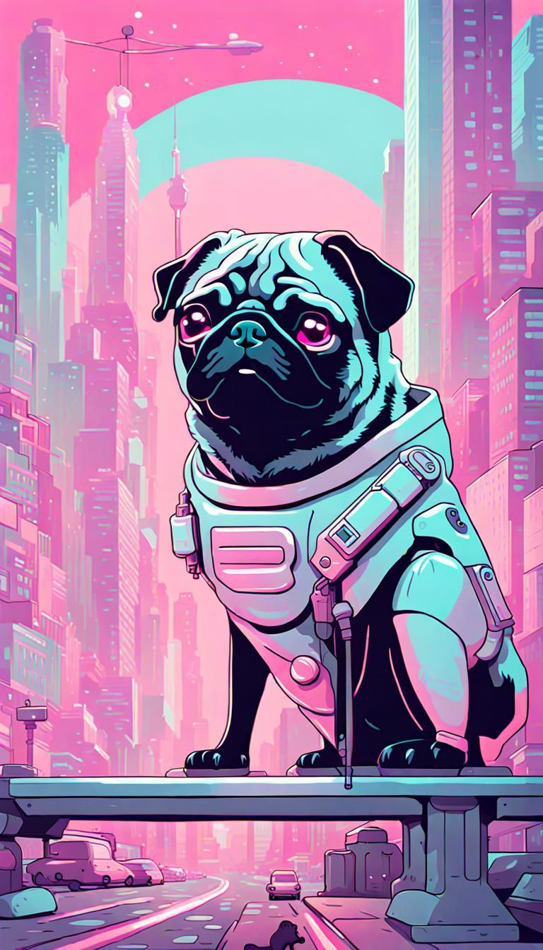 Pug in Cyberpunk World with Pastel Colors