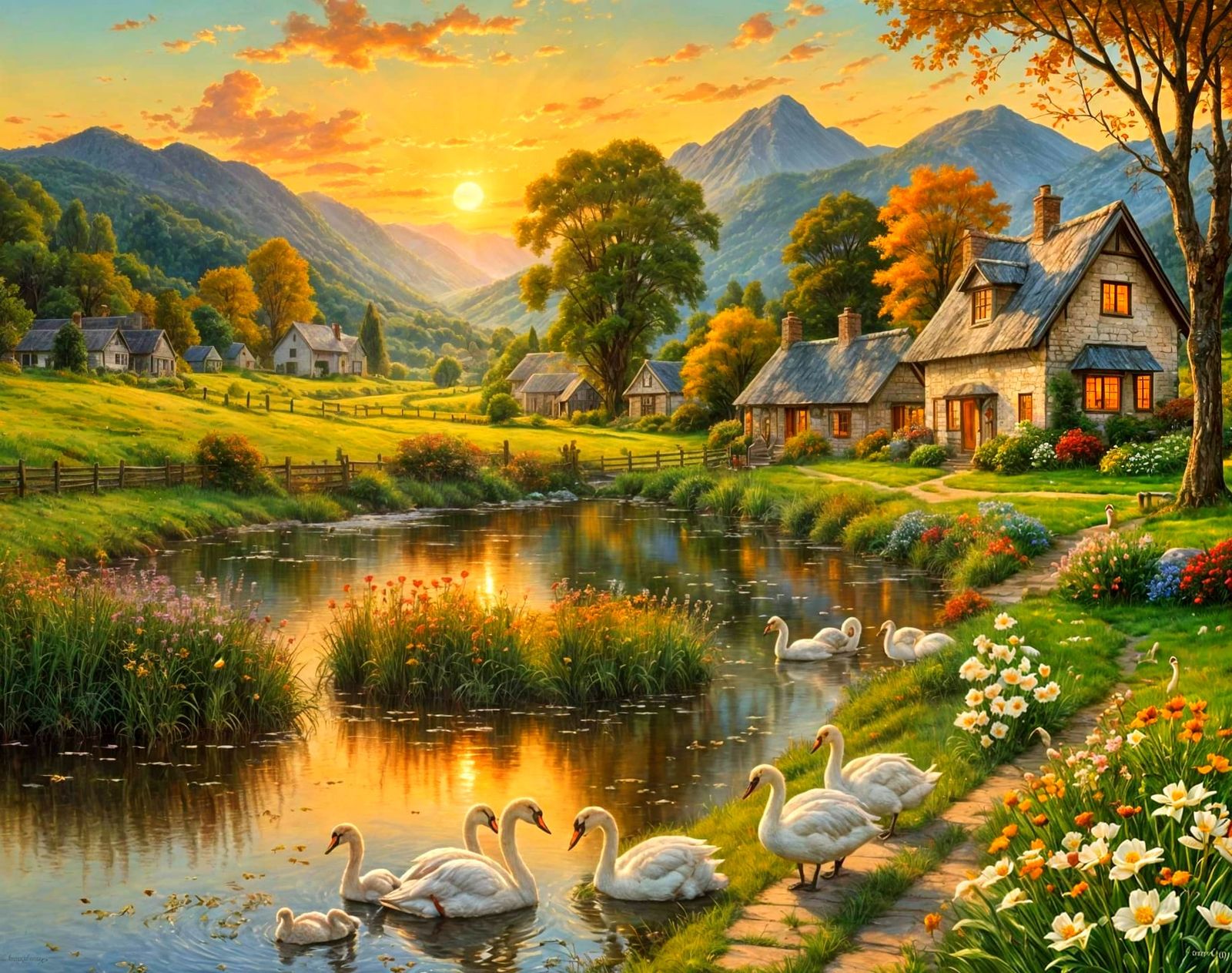 Swans and Cygnets in River Scene as Oil Painting