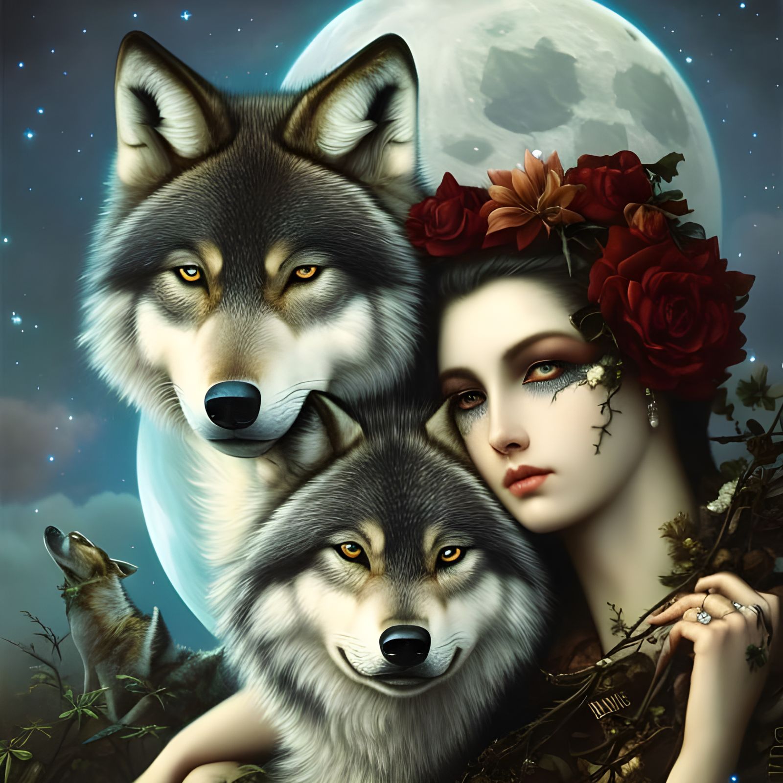 Cute Wolves Cuddling in Moonlight: Hyperdetailed 8K