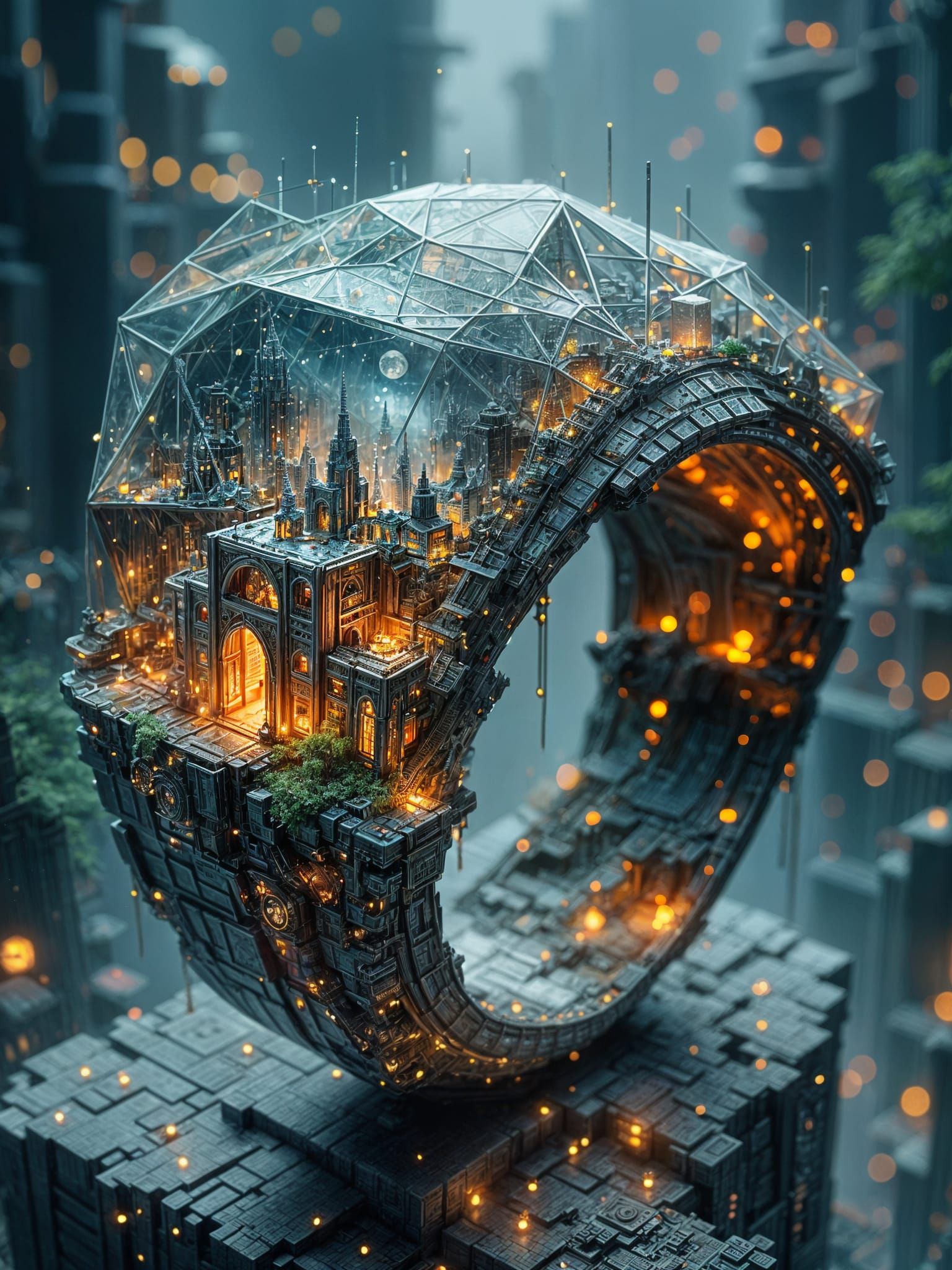 Intricate Sci-Fi City Ring with Cyberpunk LEDs