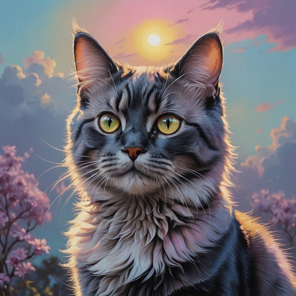 Cute Cat Captain Black in Iridescent Oil Painting