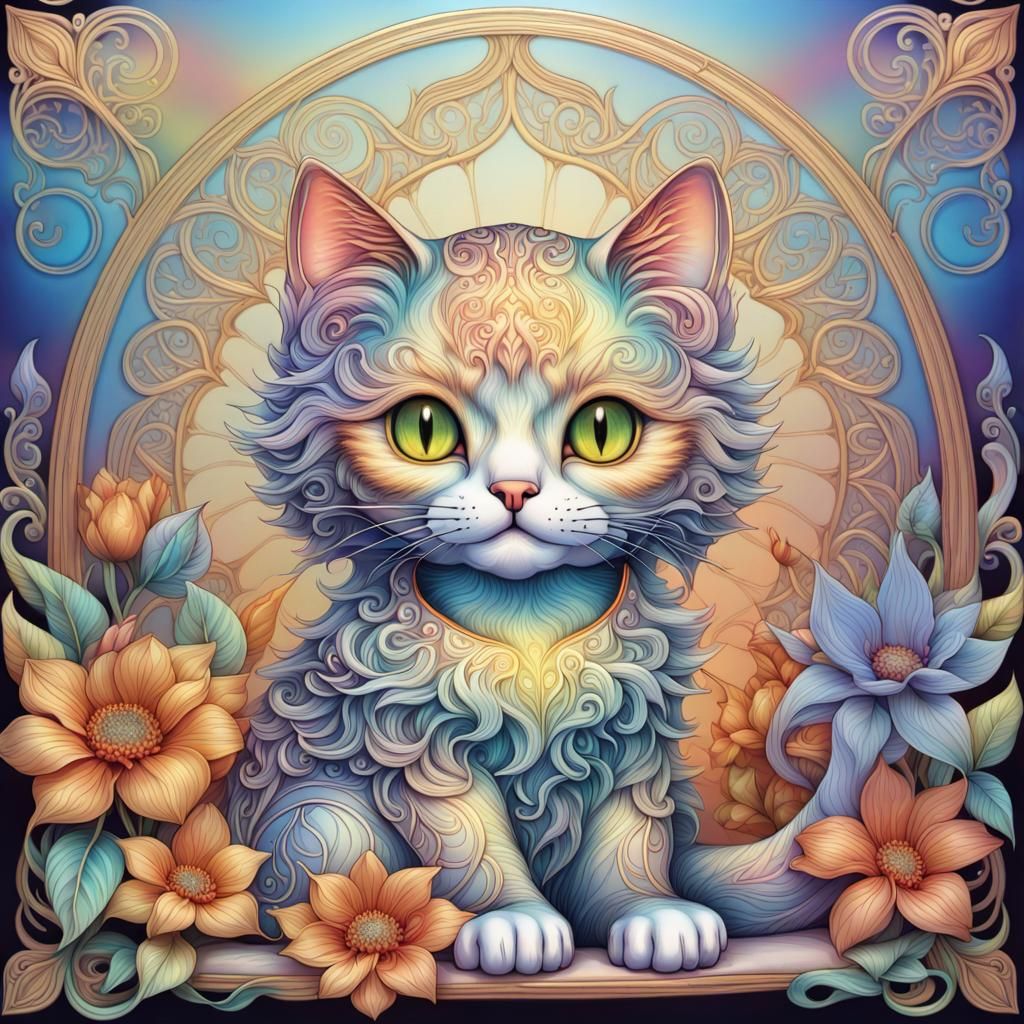 Iridescent Hologram Cat on Cushion in Fantasy Style