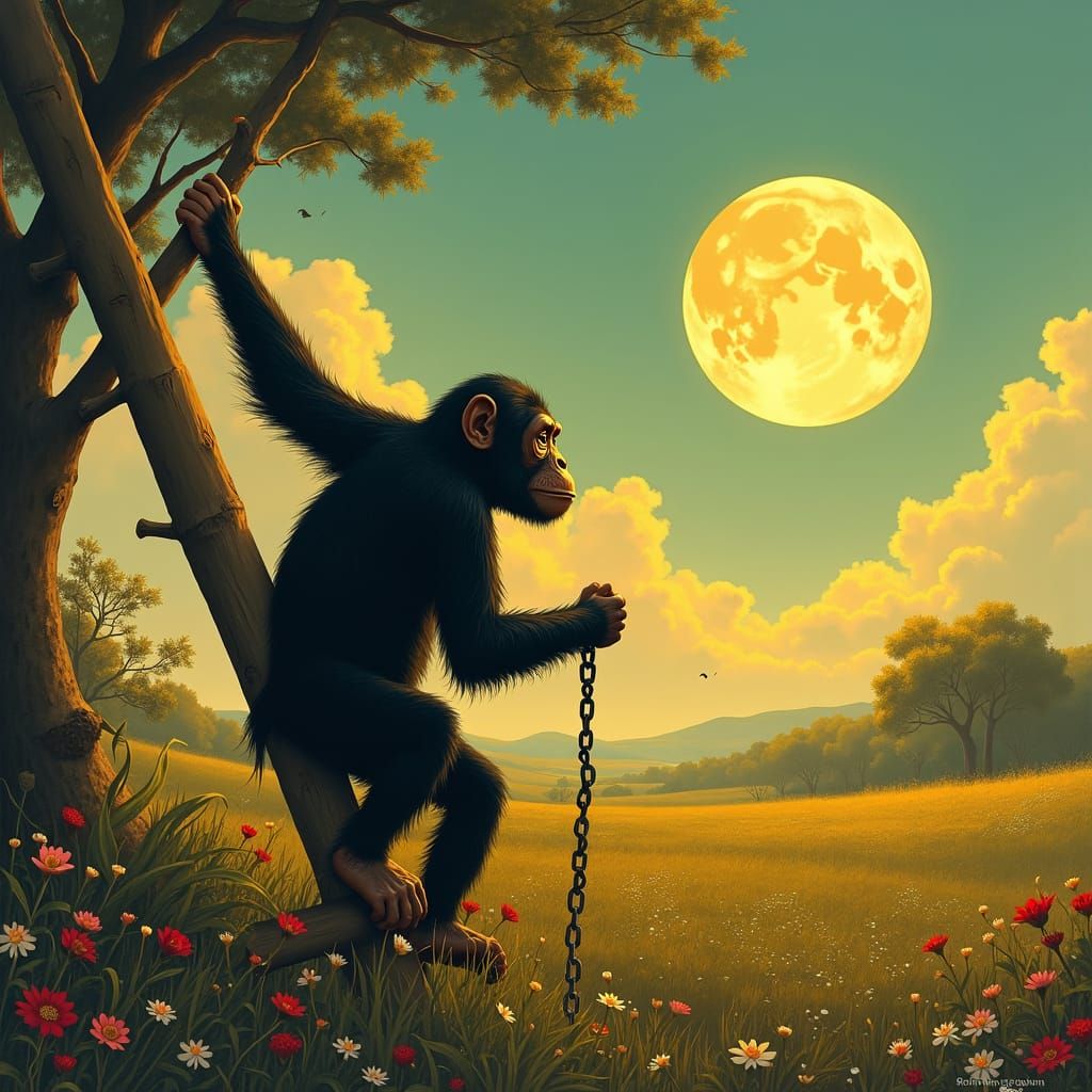 Chimpanzee Gazing at Moon, in Romantic Style