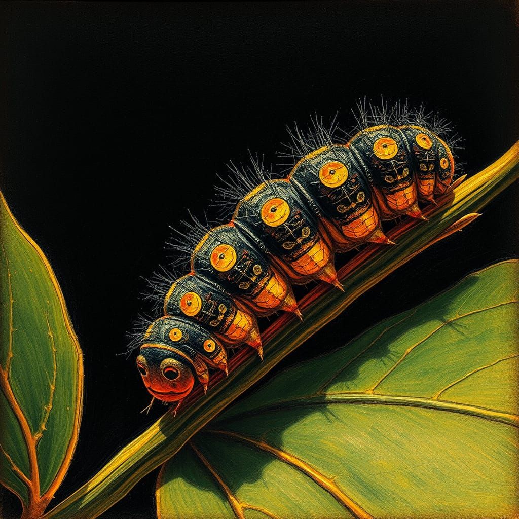 Caterpillar on Branch in Surreal Oil Painting Style
