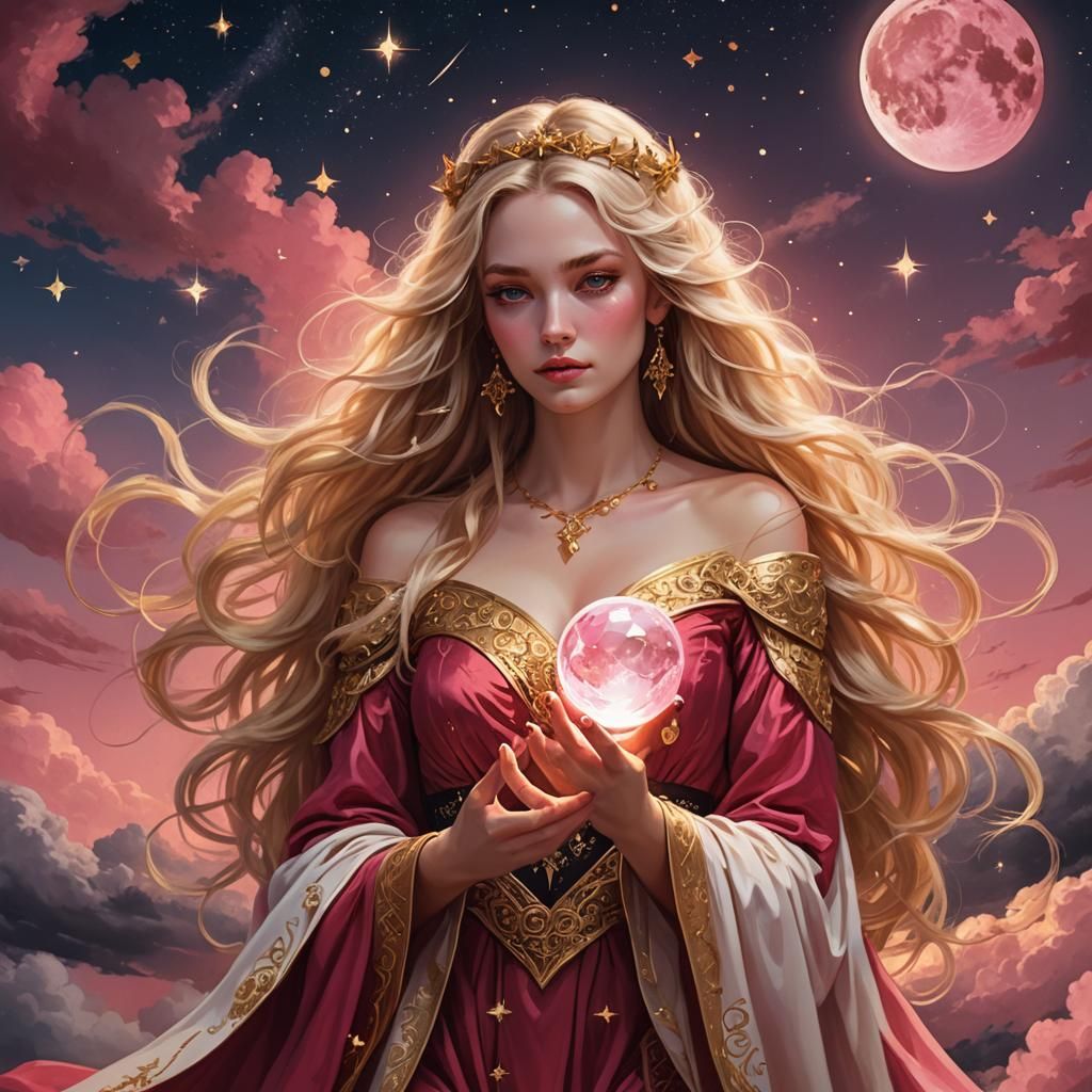 Goddess with Crystal Ball in Ethereal Landscape