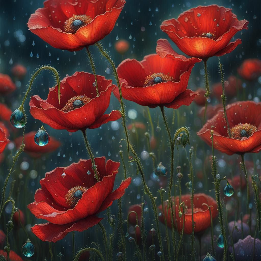 Detailed Red Poppies Field with Dew Drops