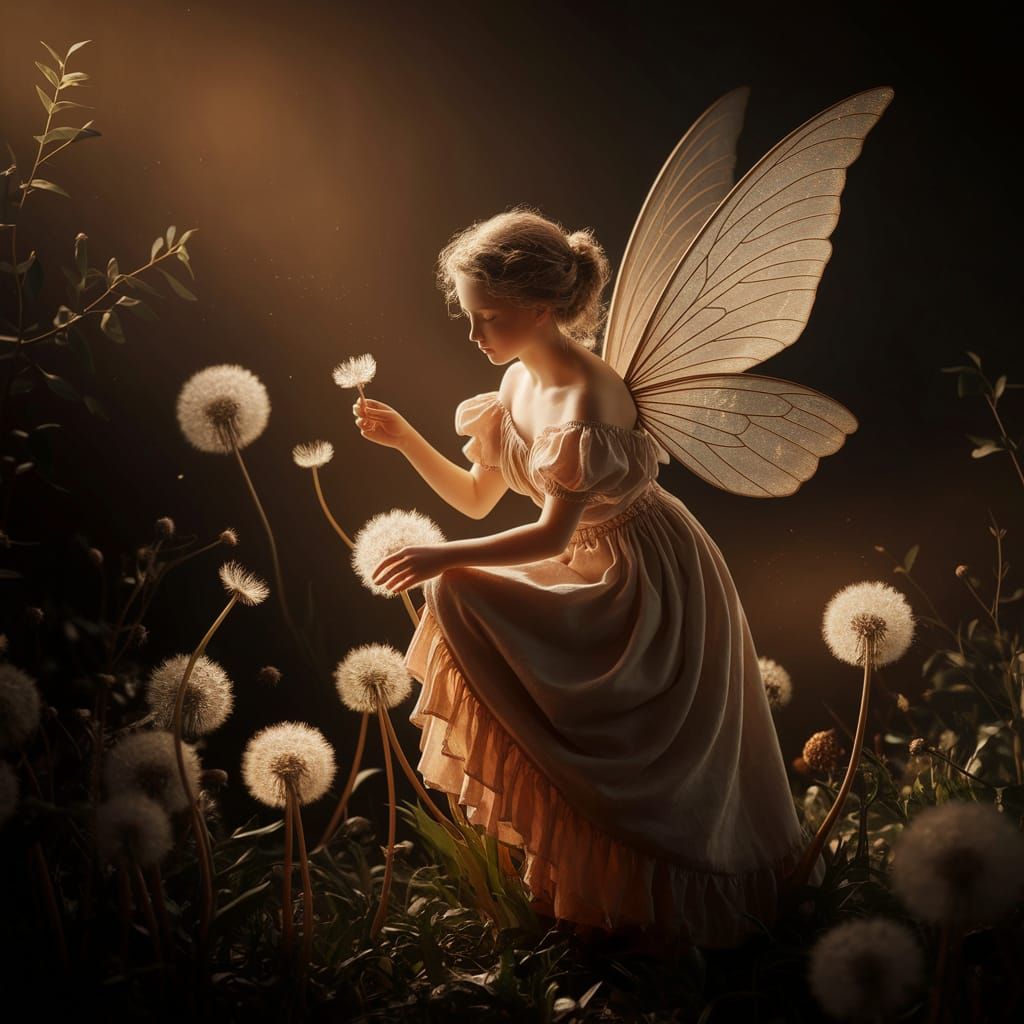 Ethereal Fairy on Dandelion in Baroque Style Lighting