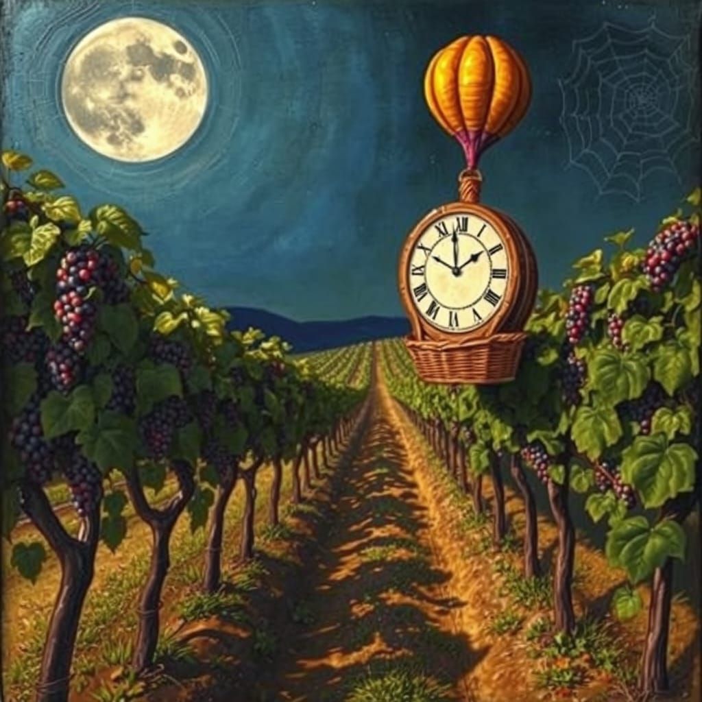 Surreal Vineyard with Melting Clocks in Oil Painting Style