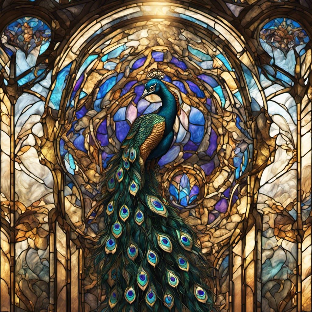 Stained Glass Peacock Feathers in Matte Painting Style