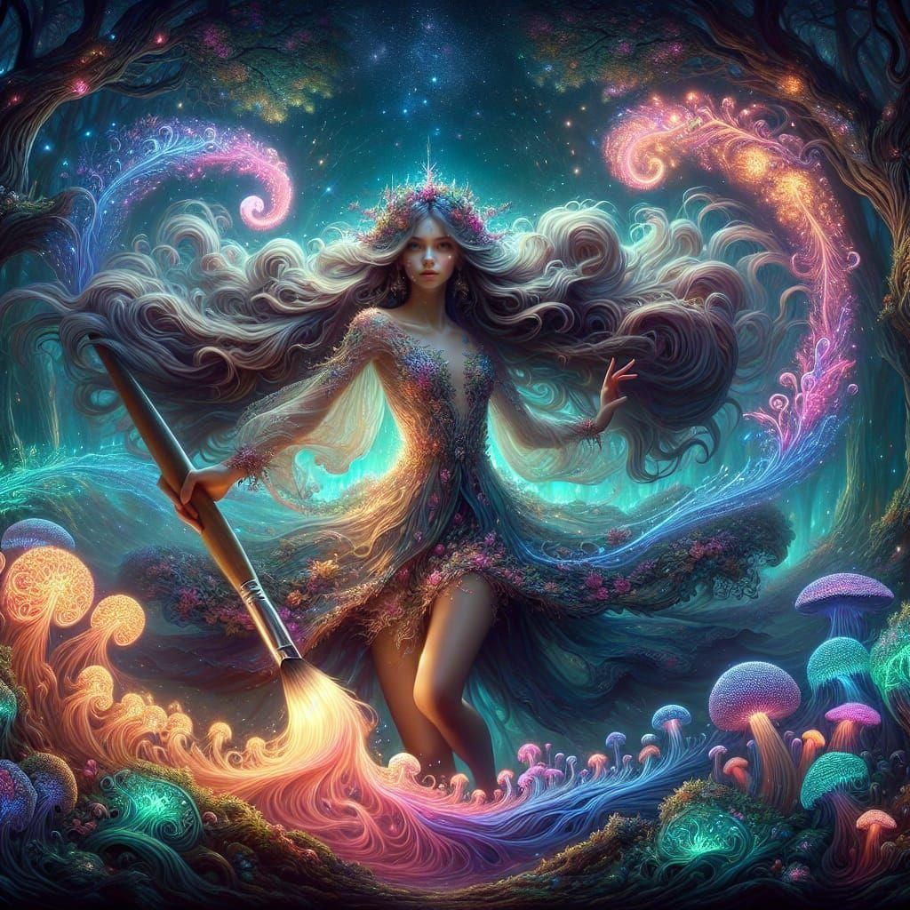 Magical Fairy Paints Bioluminescent Forest in Enchanted Art