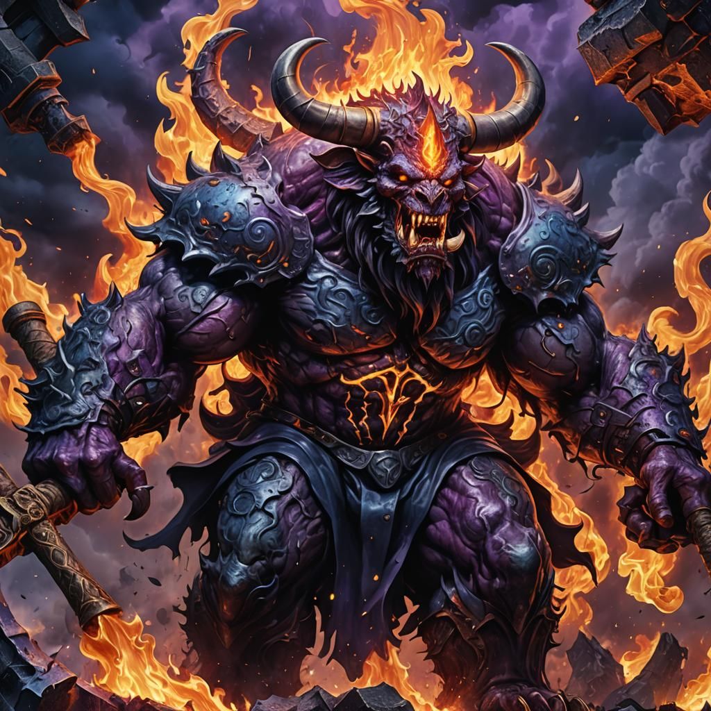 Demonic Behemoth Wields Flaming Hammer in Surreal Realm