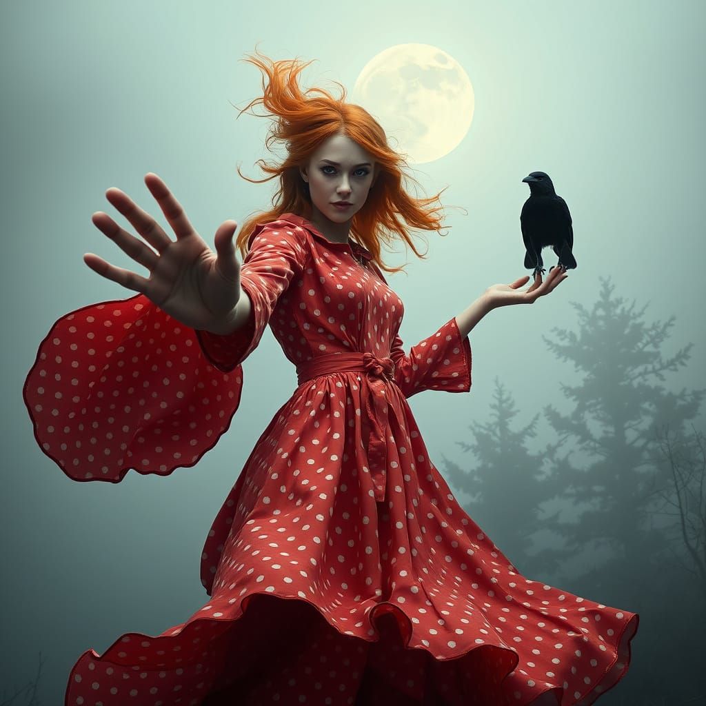 Red-Haired Witch in Windy Scene, Digital Matte Painting