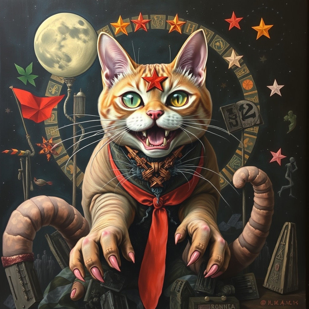 Surreal Communist Cat-Zilla in Mixed Media Style