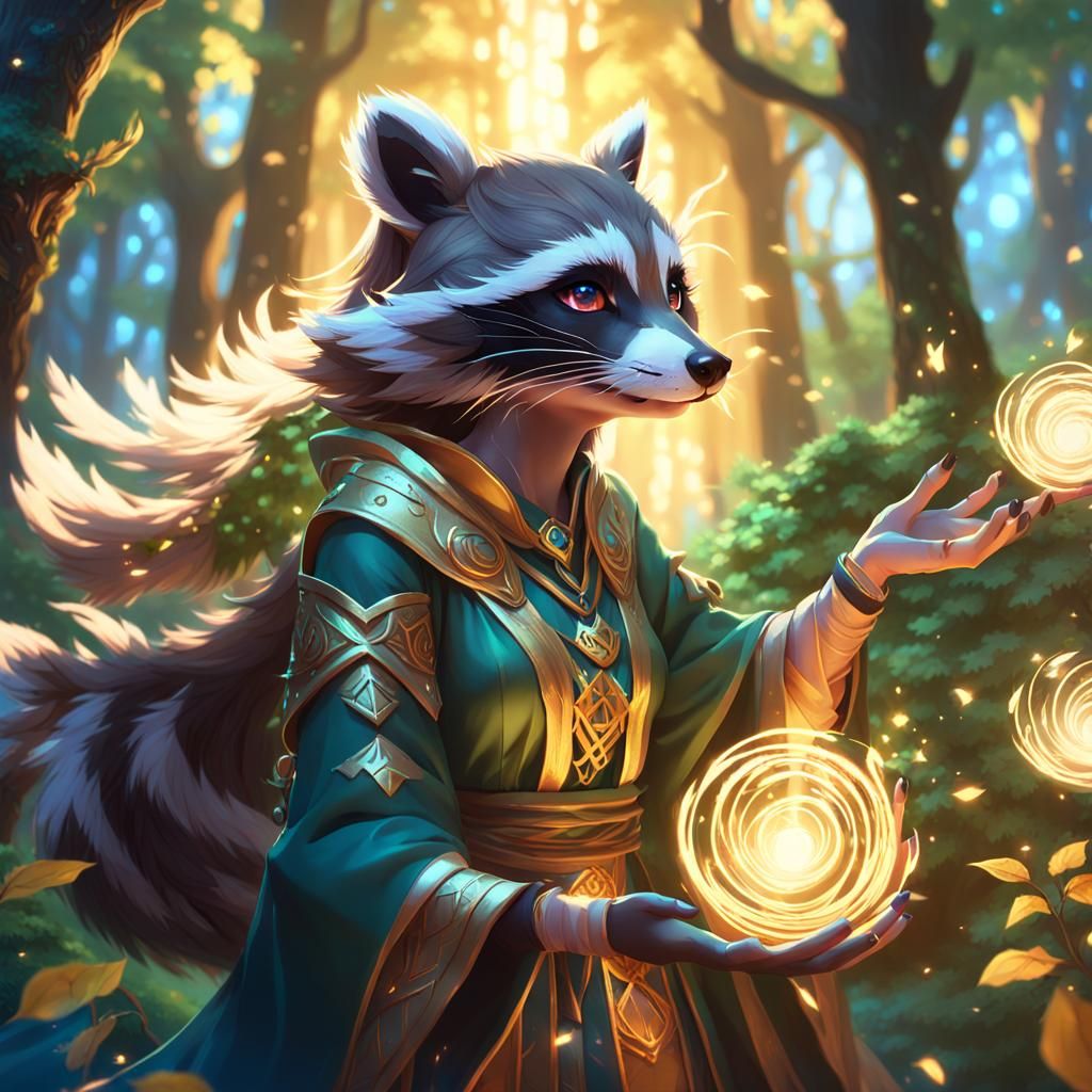 Anthropomorphic Raccoon Girl Spellcaster in Mystical Forest