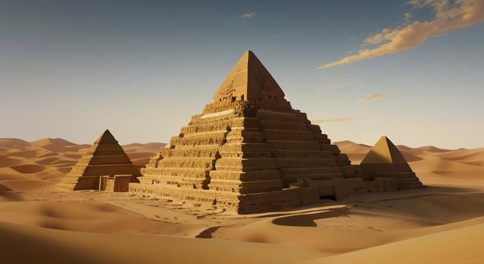 Desert Pyramids and Sandstone Statue in Baroque Style