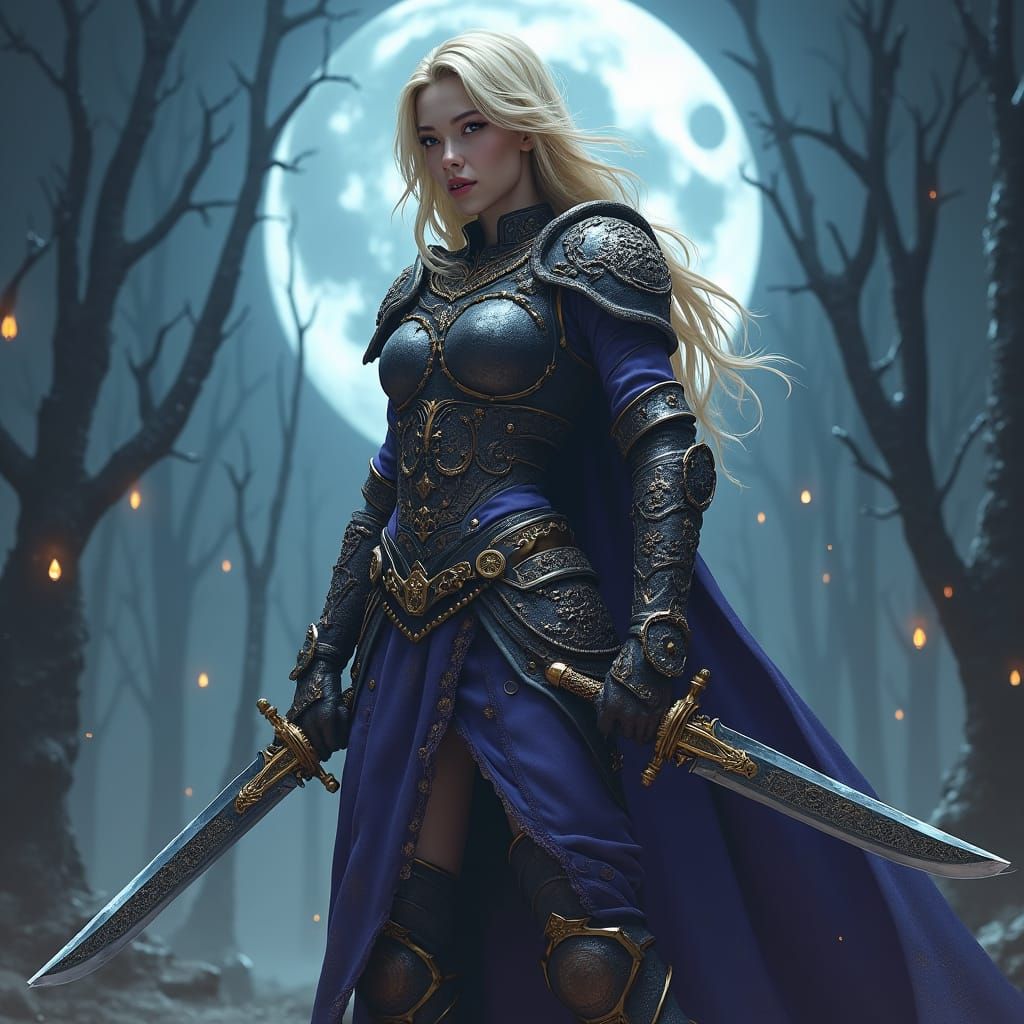 Blonde Warrior Dual Wielding Knives in Ethereal Moonlight