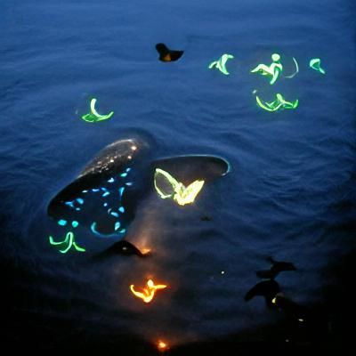 Bioluminescent Whales Swimming with Child: Dreamlike Scene