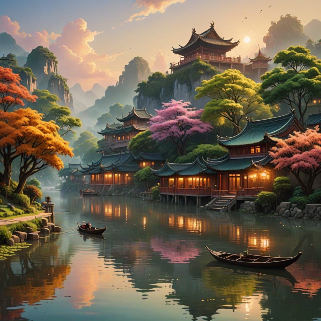 Surreal Chinese River Scene in Soft Focus Fantasy Realism