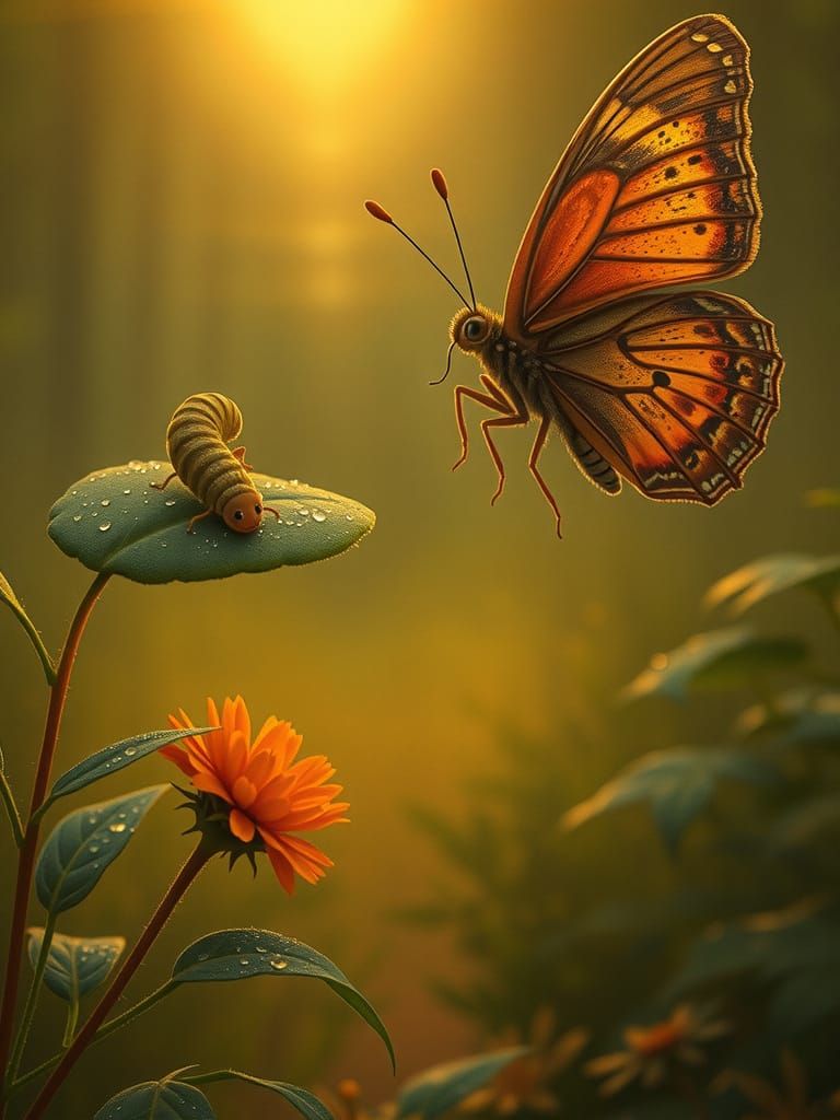 Butterfly and Caterpillar in Sunlit Forest Scene