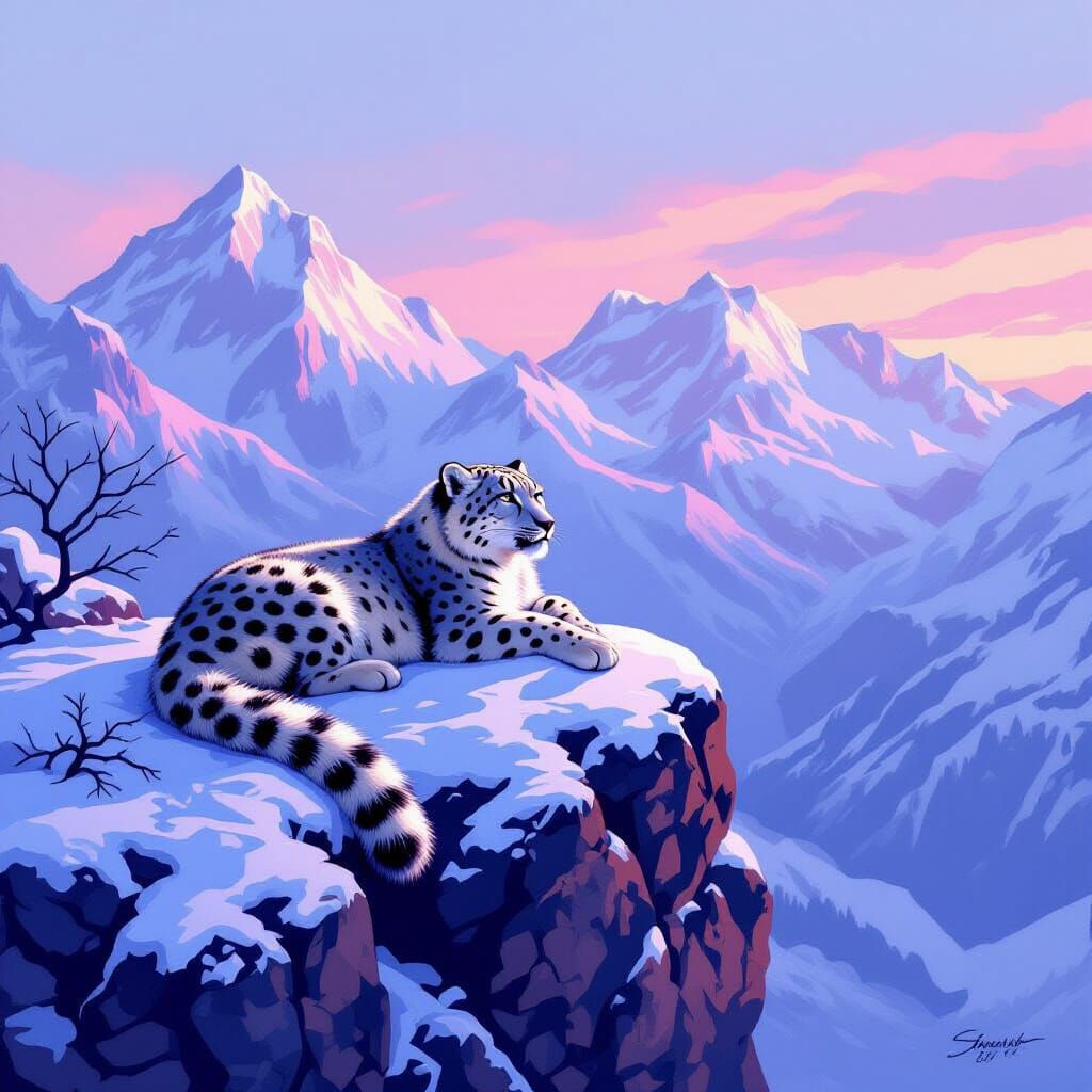 Snow Leopard in Twilight, Painterly Style