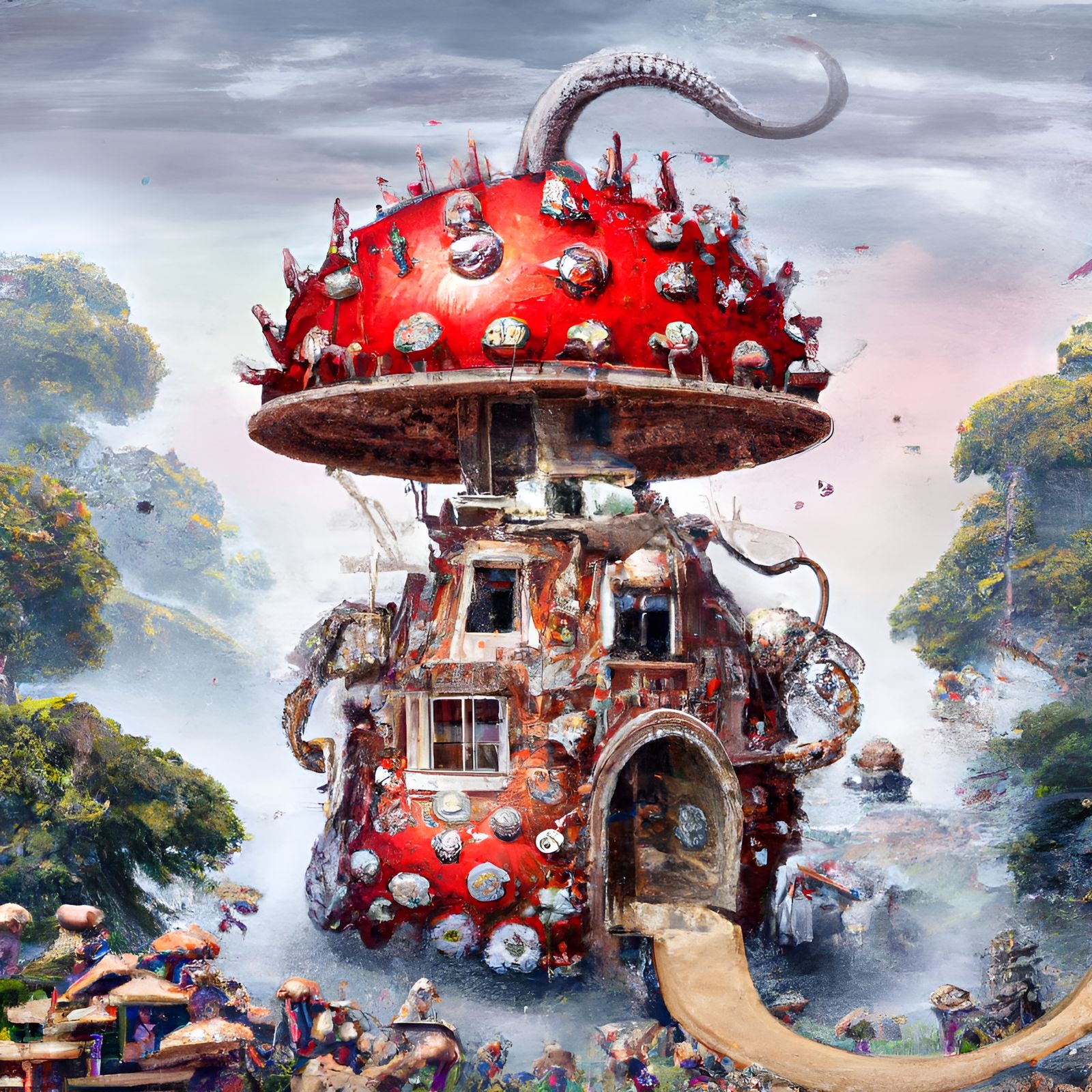 Mushroom House in Misty Forest: Yerka-Haeckel Style